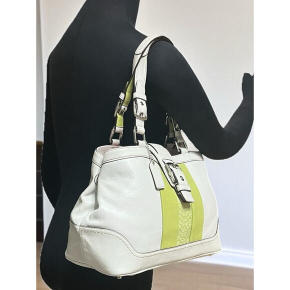 Y2K Coach F11345 Hamptons Leather Striped Satchel Bag & Mini Signature Wristlet - Picture 10 of 16